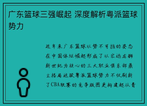 广东篮球三强崛起 深度解析粤派篮球势力